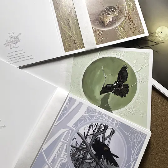 Gift Cards and mini prints Elm and the Raven selection of Threatened Species square card collection