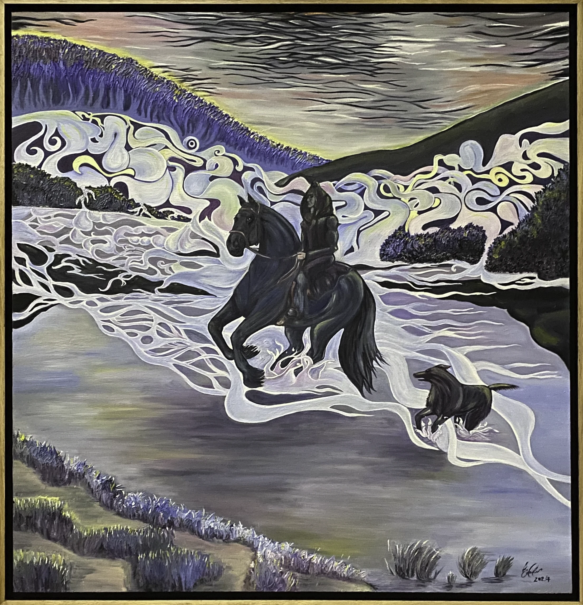Shop Moonlight Runaways - Oil Painting by Emma Coombes at the Elm & the Raven. A man, a horse and his dog, escape into the night under the guidance of moonlight