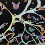 In the Garden of my Mind, original oil painting by Tasmanian Artist Emma Coombes at the Elm & the Raven. Colourful butterflies and bees traverse the neural pathways of the brain.