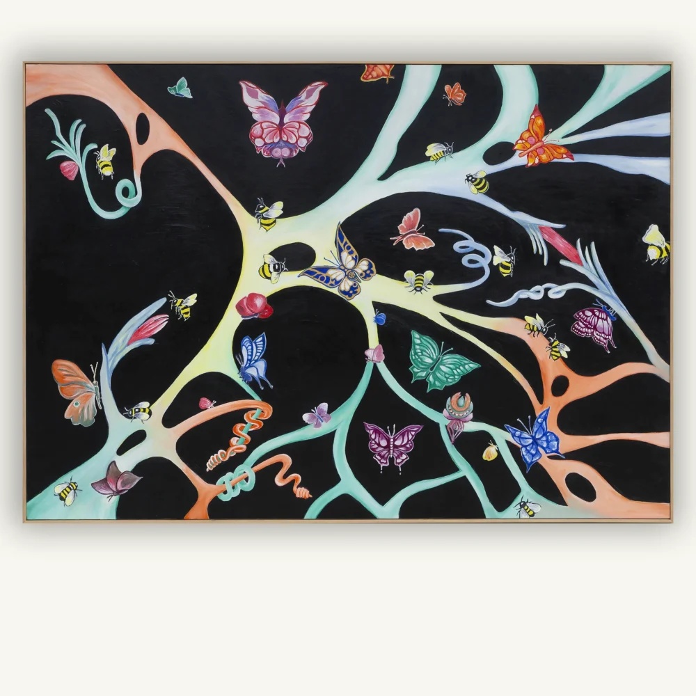 In the Garden of my Mind, original oil painting by Tasmanian Artist Emma Coombes at the Elm & the Raven. Colourful butterflies and bees traverse the neural pathways of the brain.