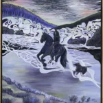 Shop Moonlight Runaways, original oil painting by Tasmanian Artist Emma Coombes at the Elm & the Raven. A black horse and his rider, a dog at their heels escape into the night.