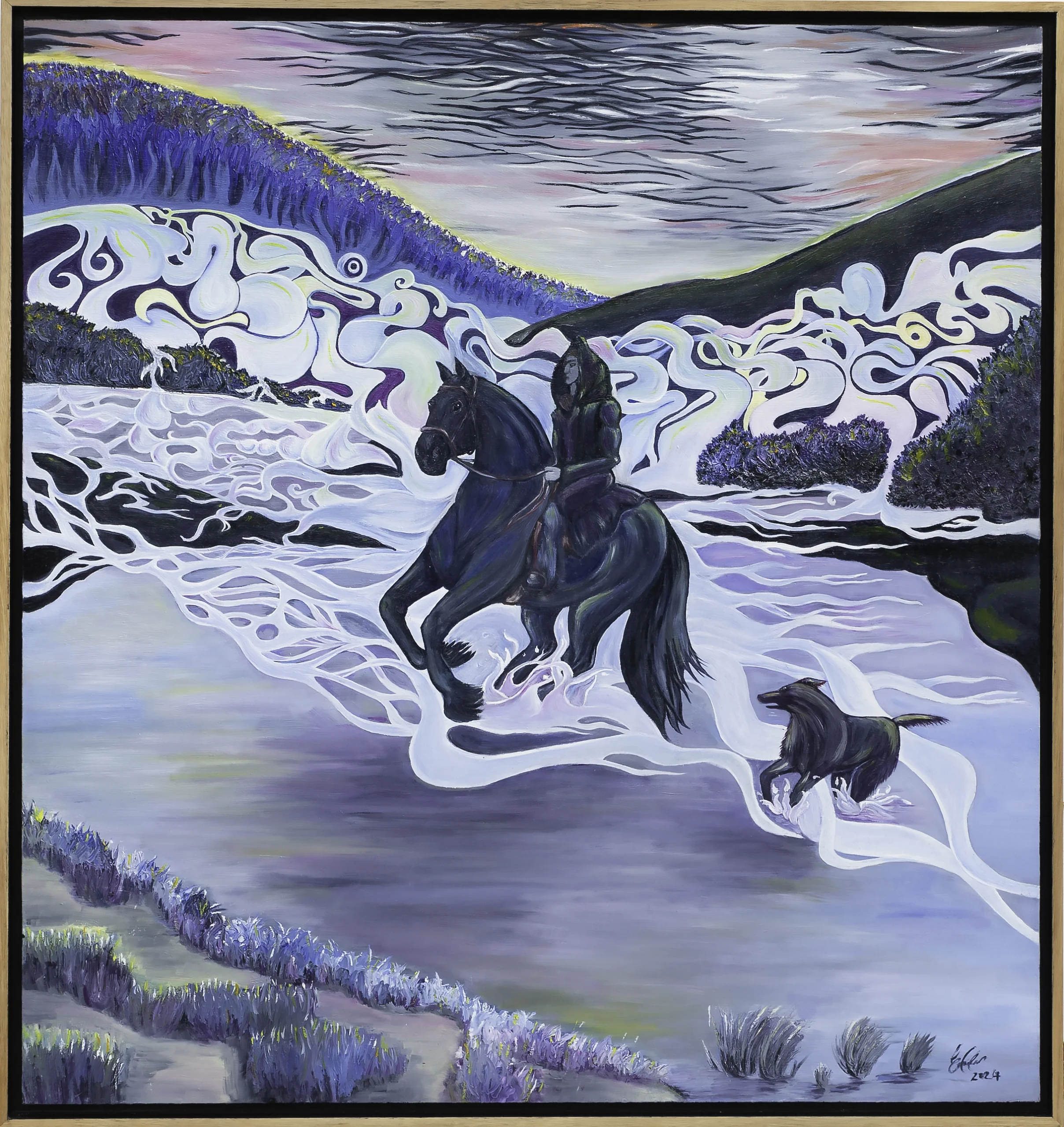 Shop Moonlight Runaways, original oil painting by Tasmanian Artist Emma Coombes at the Elm & the Raven. A black horse and his rider, a dog at their heels escape into the night.