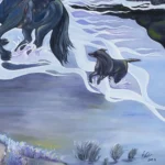 Moonlight Runaways, original oil painting by Tasmanian Artist Emma Coombes at the Elm & the Raven. A black horse and his rider, a dog at their heels escape into the night.