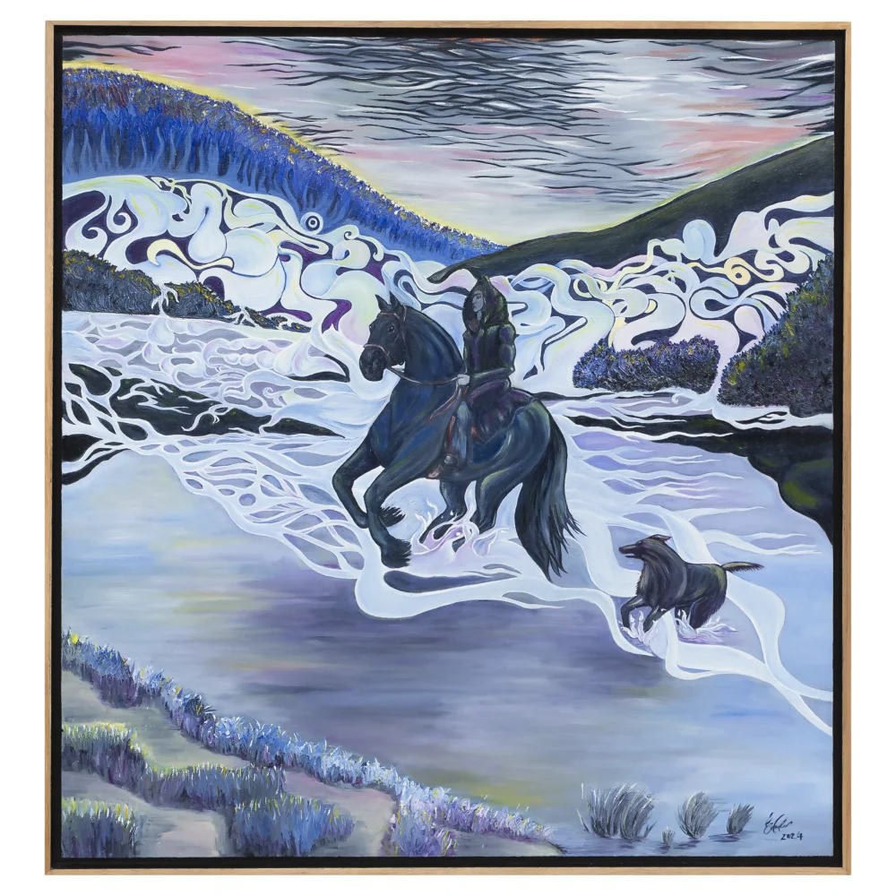 Moonlight Runaways, original oil painting by Tasmanian Artist Emma Coombes at the Elm & the Raven. A black horse and his rider, a dog at their heels escape into the night.