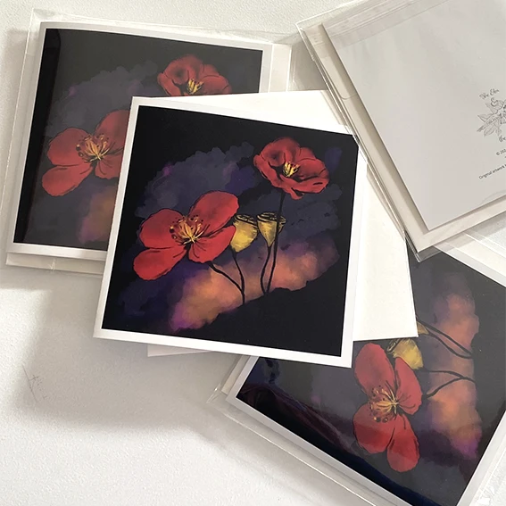 Square Card Poppies in Mourning by Emma Coombes at the Elm & the Raven. Original design.