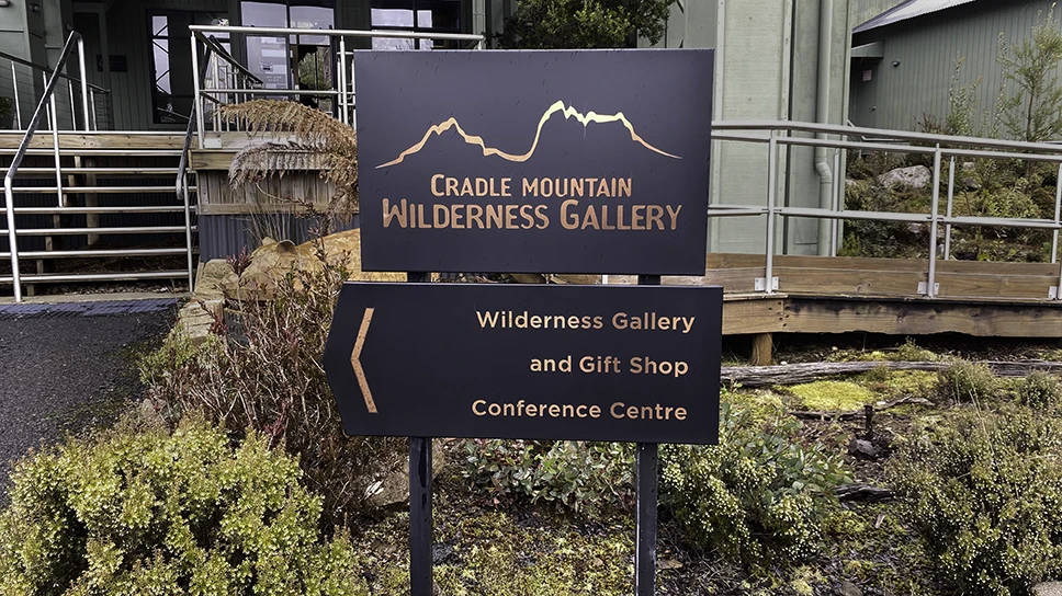 Entry sign to the Cradle Mountain Wilderness Gallery at the Cradle Mountain Hotel. Photography by Emma Coombes at the Elm & the Raven.