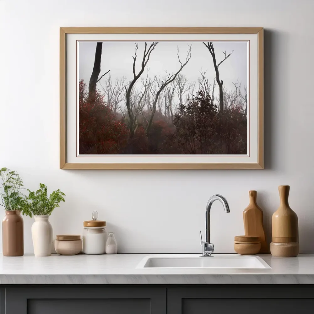 'Into the fog... Into the Fire', Limited Edition by Emma Coombes at the Elm & the Raven -part of the Untamed Tasmania exhibition at Cradle Mountain Wilderness Gallery